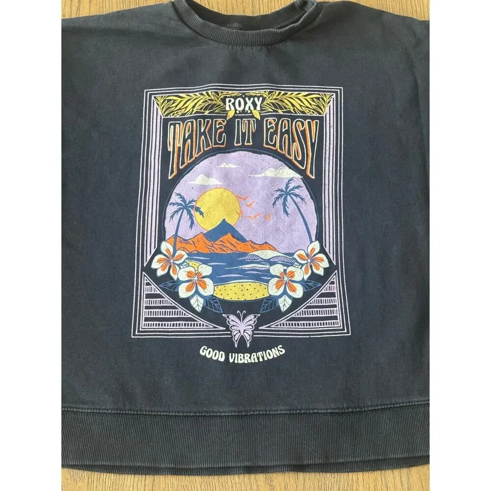 Roxy Take It Easy Good Vibrations Graphic Sweatshirt XS Cropped Beachy Boho